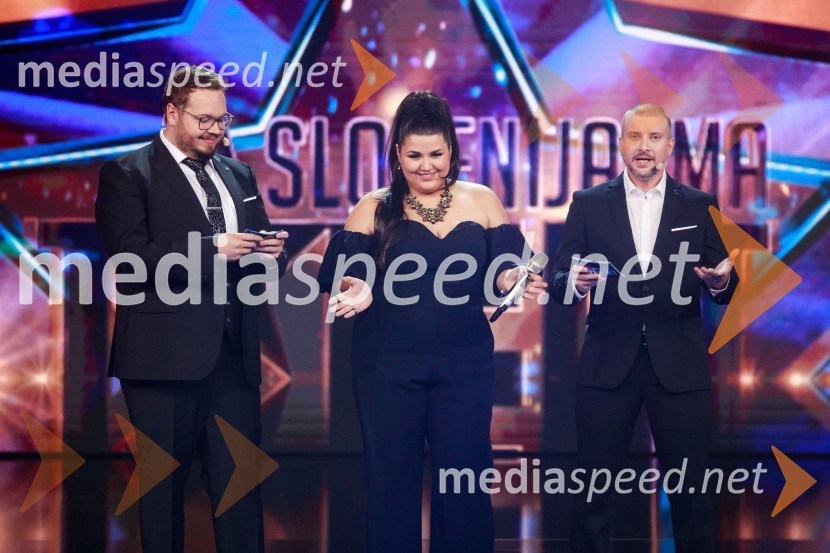  Sašo Stare, stand up komik, voditelj;  Emilija  Domić;  Aleš Novak, stand-up komikSlovenija ima talent 2021, prva polfinalna oddaja