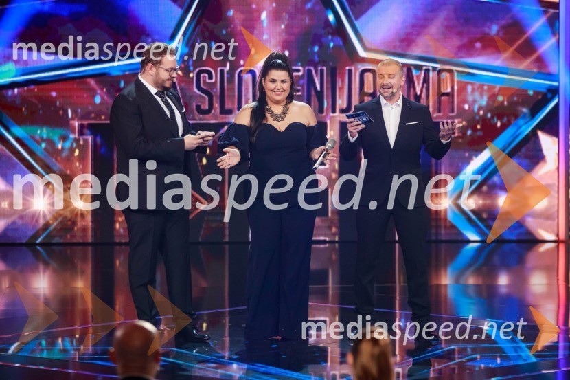  Sašo Stare, stand up komik, voditelj;  Emilija  Domić;  Aleš Novak, stand-up komikSlovenija ima talent 2021, prva polfinalna oddaja