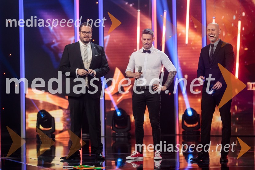  Sašo Stare, stand up komik, voditelj;  Miro  Gavrić;  Peter Poles, televizijski voditeljSlovenija ima talent 2021, četrta polfinalna oddaja