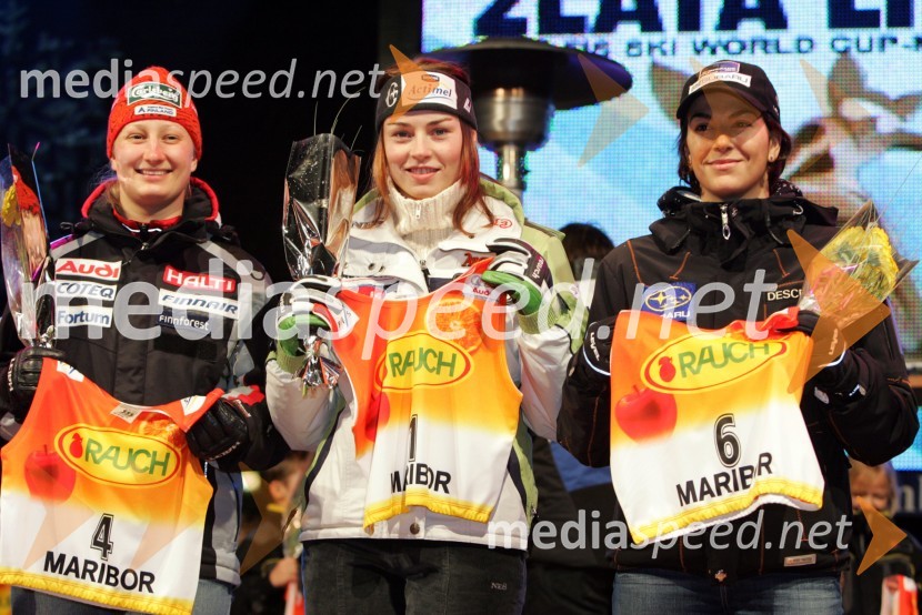 Smučarke Tanja Poutiainen, Finska, Tina Maze, Slovenija in Maria Rienda Contreras, Španija 
(žrebanje štartnih številk za Veleslalom)42. Zlata lisica