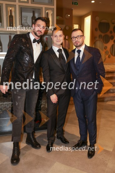  Tomi Gomilšek, raper;  Damjan Murko, pevec;  Blaž Knez, vedeževalecSlovenski influencerji na predstavitvi prvega instagramerskega hotela v Evropi