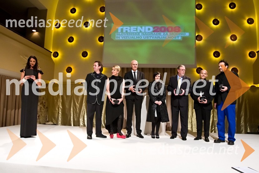 Vesna Milek, pisateljica in povezovalka programa, Boris Balant in Lena Pislak Balant, oblikovalski studio Luks, dobitnik nagrade Trend 2008 za vizualno ustvarjalnost, Peter Gabrijelčič, dobitnik nagrade Trend 2008 za izjemne dosežke na področju vizualne kulture, Jožica Brodarič, vodja projekta Trend, Edvard Zajec, pionir računalniške umetnosti in dobitnik nagrade Trend 2008 za življenjsko delo, Zoran Garevski, dobitnik nagrade Trend 2008 za modno ustvarjanje in Matej Andraž Vogrinčič, dobitnik nagrade Trend 2008 za posebne dosežke na področju vizualne ustvarjalnostiTrend 2008, podelitev nagrad za modno in vizualno ustvarjalnost