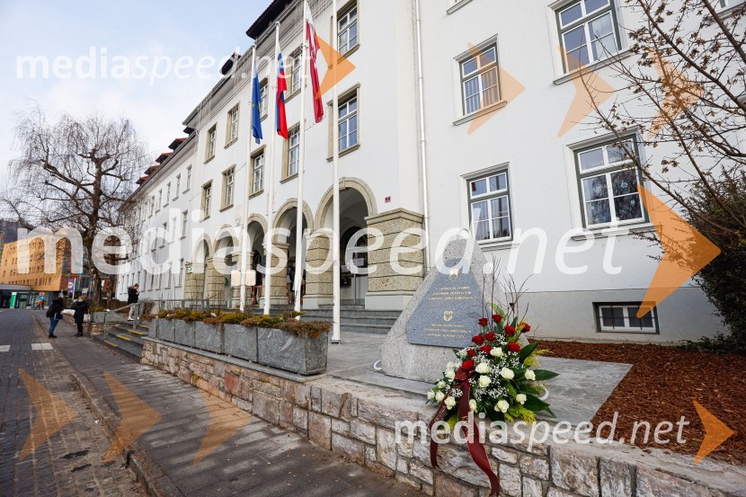 Polaganje venca k obeležju pred mestno občino Kranj