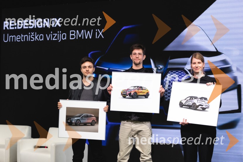  Bor Jarh, industrijski oblikovalec;  Urban Klinkon, magistrski študent ALOU;  Monika Slemc, magistrica slikarstvaZaključek natečaja in predstavitev zmagovalne umetniške preobrazbe BMW iX
