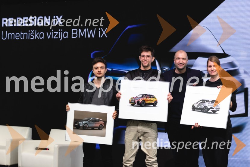  Bor Jarh, industrijski oblikovalec;  Urban Klinkon, magistrski študent ALOU;  Christopher Puth, generalni direktor, BMW Slovenija;  Monika Slemc, magistrica slikarstvaZaključek natečaja in predstavitev zmagovalne umetniške preobrazbe BMW iX