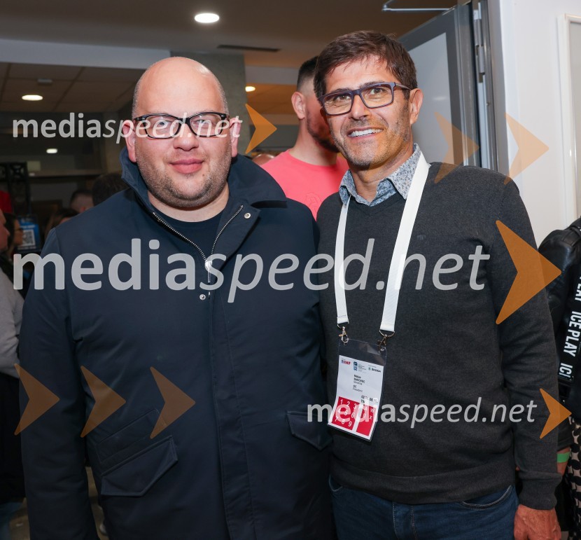  Miha Butara, podpredsednik, Hokejska zveza Slovenije; predsednik, HDD Olimpija; pomočnik direktorja, Slovenske železnice;  Matjaž Rakovec, predsednik Hokejske zveze SlovenijeSlovenija - Madžarska, hokejska tekma, VIP