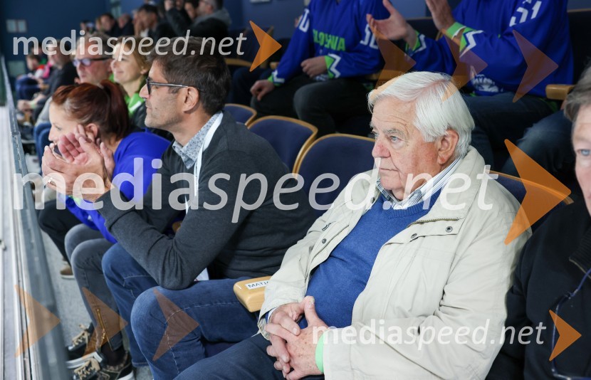  Matjaž Rakovec, predsednik Hokejske zveze Slovenije;  Milan Kučan, nekdanji predsednik Republike SlovenijeSlovenija - Madžarska, hokejska tekma, VIP