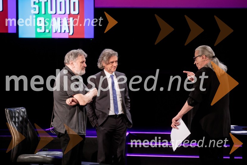 dr. Slavoj Žižek, filozof;  Robert Golob, predsednik stranke Gibanje Svoboda; mag. Marcel Štefančič ml., filmski kritik, publicist in TV voditeljDan zmage z Marcelom Štefančičem Jr
