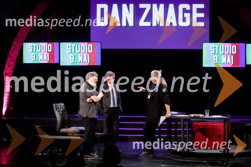 dr. Slavoj Žižek, filozof;  Robert Golob, predsednik stranke Gibanje Svoboda; mag. Marcel Štefančič ml., filmski kritik, publicist in TV voditeljDan zmage z Marcelom Štefančičem Jr