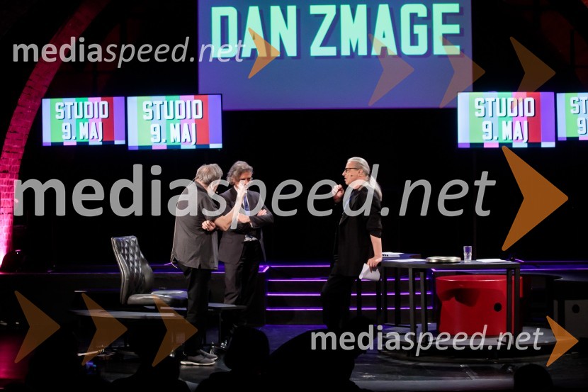 dr. Slavoj Žižek, filozof;  Robert Golob, predsednik stranke Gibanje Svoboda; mag. Marcel Štefančič ml., filmski kritik, publicist in TV voditeljDan zmage z Marcelom Štefančičem Jr