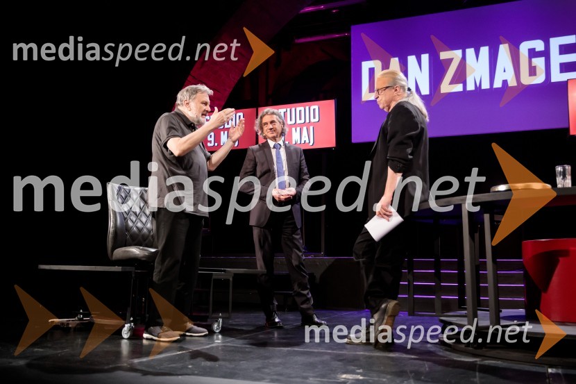 dr. Slavoj Žižek, filozof;  Robert Golob, predsednik stranke Gibanje Svoboda; mag. Marcel Štefančič ml., filmski kritik, publicist in TV voditeljDan zmage z Marcelom Štefančičem Jr
