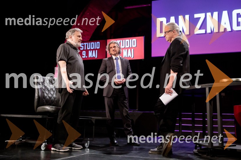 dr. Slavoj Žižek, filozof;  Robert Golob, predsednik stranke Gibanje Svoboda; mag. Marcel Štefančič ml., filmski kritik, publicist in TV voditeljDan zmage z Marcelom Štefančičem Jr