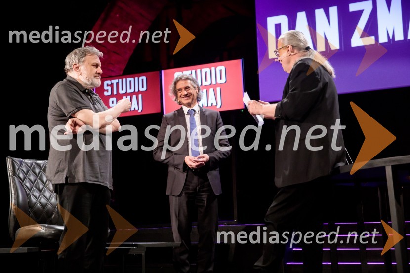 dr. Slavoj Žižek, filozof;  Robert Golob, predsednik stranke Gibanje Svoboda; mag. Marcel Štefančič ml., filmski kritik, publicist in TV voditeljDan zmage z Marcelom Štefančičem Jr