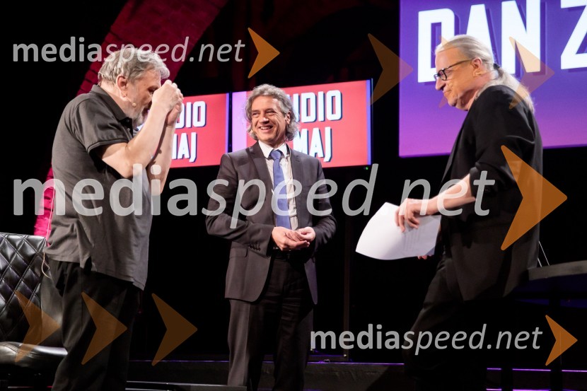 dr. Slavoj Žižek, filozof;  Robert Golob, predsednik stranke Gibanje Svoboda; mag. Marcel Štefančič ml., filmski kritik, publicist in TV voditeljDan zmage z Marcelom Štefančičem Jr