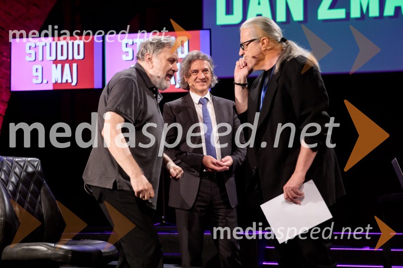 dr. Slavoj Žižek, filozof;  Robert Golob, predsednik stranke Gibanje Svoboda; mag. Marcel Štefančič ml., filmski kritik, publicist in TV voditeljDan zmage z Marcelom Štefančičem Jr