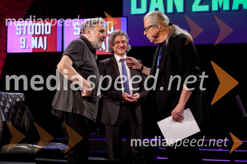 dr. Slavoj Žižek, filozof;  Robert Golob, predsednik stranke Gibanje Svoboda; mag. Marcel Štefančič ml., filmski kritik, publicist in TV voditeljDan zmage z Marcelom Štefančičem Jr
