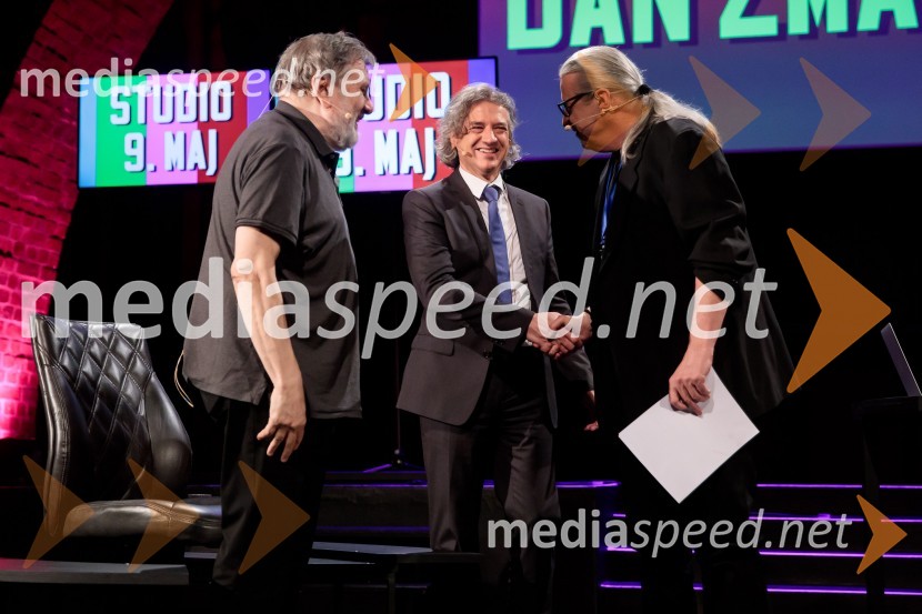 dr. Slavoj Žižek, filozof;  Robert Golob, predsednik stranke Gibanje Svoboda; mag. Marcel Štefančič ml., filmski kritik, publicist in TV voditeljDan zmage z Marcelom Štefančičem Jr