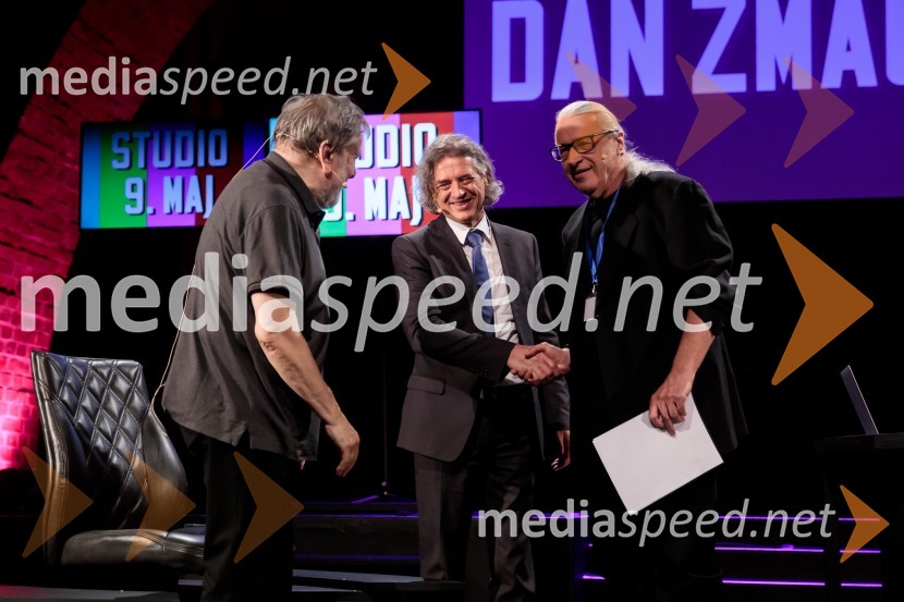 dr. Slavoj Žižek, filozof;  Robert Golob, predsednik stranke Gibanje Svoboda; mag. Marcel Štefančič ml., filmski kritik, publicist in TV voditeljDan zmage z Marcelom Štefančičem Jr