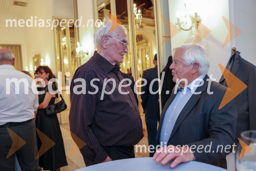  Drago Senica - Pi, karikaturist;  Milan Kučan, nekdanji predsednik Republike SlovenijeTone Vogrinec, zabava za 80. rojstni dan