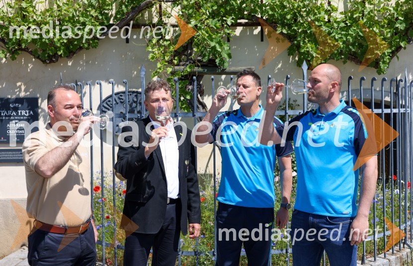 Bogdan Šuput, direktor, Vita Šport - Jako Slovenija;  Danilo Steyer,   vinar, Steyer Vina; vinski vitez, predsednik Vinske reprezentance Slovenije;  Robi Fišer, nogometaš Slovenske vinske reprezentance;  Matej  Vračko, Vinogradništvo Vračko, nogometaš slovenske vinske reprezentanceNovinarska konferenca Vinske reprezentance Slovenije pred odhodom na evropsko prvenstvo