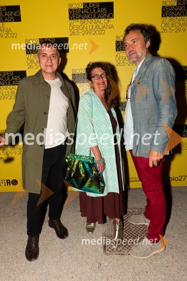  Blaž Peršin, direktor Muzeja in galerije mesta Ljubljane;  Lisa Corva, novinarka in pisateljica;  Brane Ribič, arhitektOdprtje 27. bienala oblikovanja, Muzej za arhitekturo in oblikovanje
