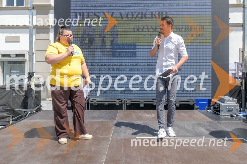  Urška Vučak Markež, igralka;  Mitja Šeško, moderator prireditev Ples na vozičkih ob 40. obletnici mariborskega društva Sonček