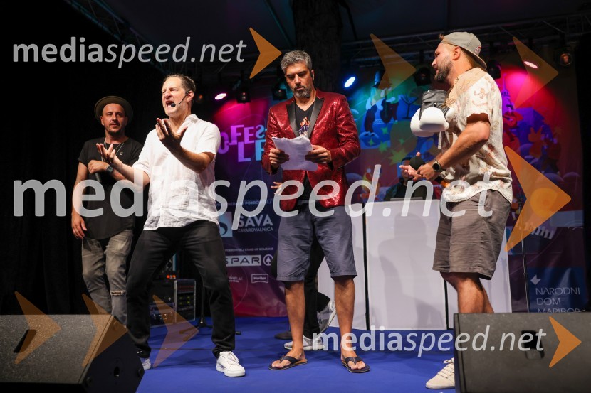  Boštjan Čukur, raper, 6 Pack Čukur;  John Denhof, predsednik uprave NKBM;  Bor Greiner, odgovorni urednik, Radio City;  Filip Flisar, nekdanji smučar prostega slogaAutsajderji, dobrodelni stand up roast