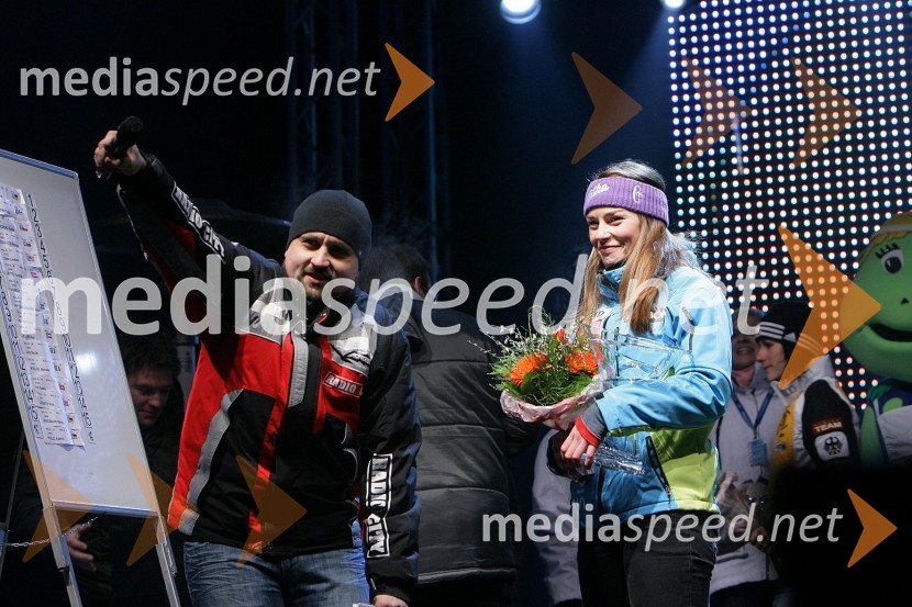 Dejan Vedlin, moderator Radia City ter član ekipe Reporter Milan in Tina Maze, smučarka in zmagovalka veleslaloma za 45. Zlato lisicoZlata Lisica, podelitev nagrad za veleslalom in žrebanje startnih številk za slalom