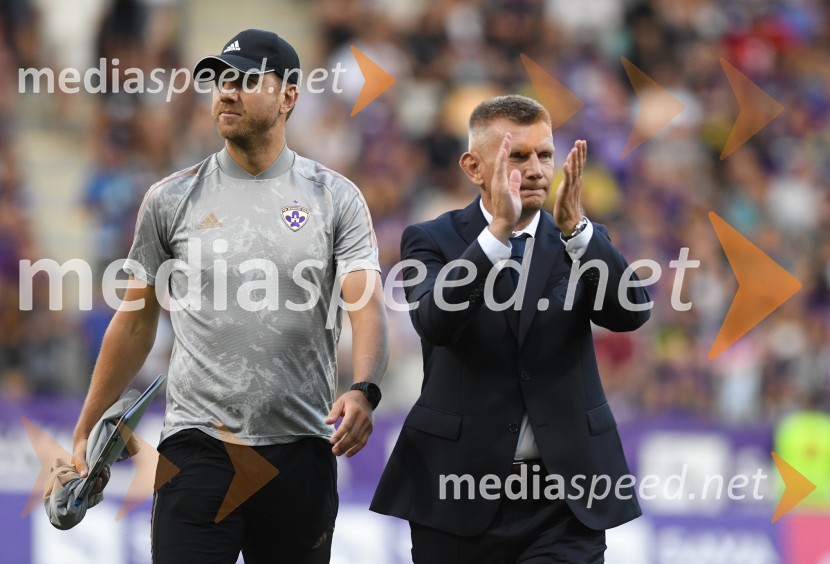  Aleš Mertelj, tehnični vodja, NK Maribor;  Radovan Karanović, trener NK MariborNogometna tekma NK Maribor - FC Šahtar Soligorsk