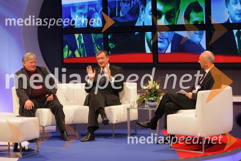 Tone Partljič, pisatelj, dr. Danilo Türk, predsednik Republike Slovenije in Janez Ujčič, generalni direktor RTS in mestni svetnik MOMPredsednik malo drugače, snemanje oddaje na RTS