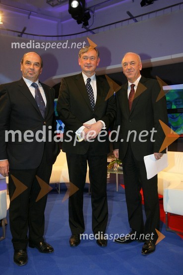Roman Glaser, generalni direktor Perutnine Ptuj, dr. Danilo Türk, predsednik Republike Slovenije in Janez Ujčič, generalni direktor RTS in mestni svetnik MOMPredsednik malo drugače, snemanje oddaje na RTS