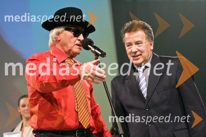 Tone Fornezzi Tof, novinar in povezovalec prireditve in Zdravko Geržina, lastnik licence za Miss SlovenijeSlovenec leta 2008