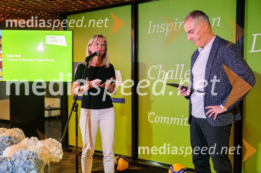 mag. Maja Pak Olaj, direktorica, Slovenska turistična organizacija;  Igor Evgen Bergant, novinar in TV voditeljSvetovno prvenstvo v odbojki 2022, Slovenija - Francija