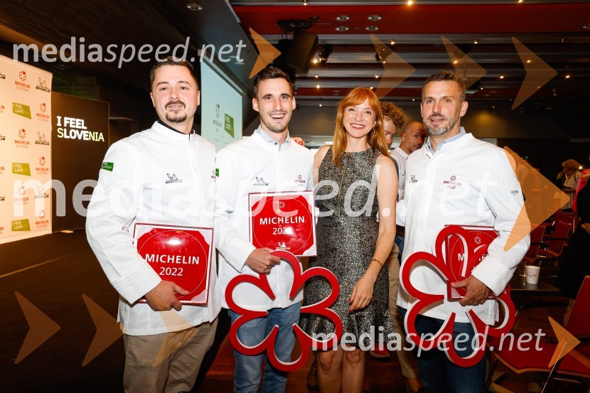  David Žefran, dobitnik Michelinove zvezdice;  Filip Matjaž, kuhar, dobitnik Michelinove zvezdice;  Mojca Mavec, voditeljica;  Igor Jagodic, kuharski mojster, restavracija Strelec, dobitnik Michelinove zvezdicePodelitev Michelinovih zvezdic v Sloveniji, 2022
