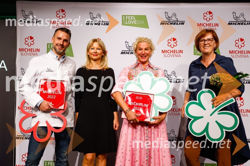  Filip Matjaž, kuhar, dobitnik Michelinove zvezdice; mag. Maja Pak Olaj, direktorica, Slovenska turistična organizacija;  Ana Roš Stojan, kuharska mojstrica in najboljša chefinja na svetu po izboru akademije The World's 50 Best Restaurants ter direktorica Hiše Franko;  Meta Repovž, Gostilna RepovžPodelitev Michelinovih zvezdic v Sloveniji, 2022