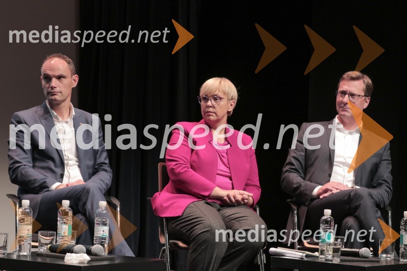  Anže Logar, poslanec SDS, predsednik Ljubljanskega odbora SDS, kandidat na predsedniških volitvah 2022;  Nataša Pirc Musar, partnerica, direktorica in odvetnica, Pirc Musar odvetniška družba, kandidatka na predsedniških volitvah 2022; dr. Vladimir Prebilič, poslanec SDS, kandidat na predsedniških volitvah 2022Soočenje predsedniških kandidatov v okviru Festivala za tretje življenjsko obdobje