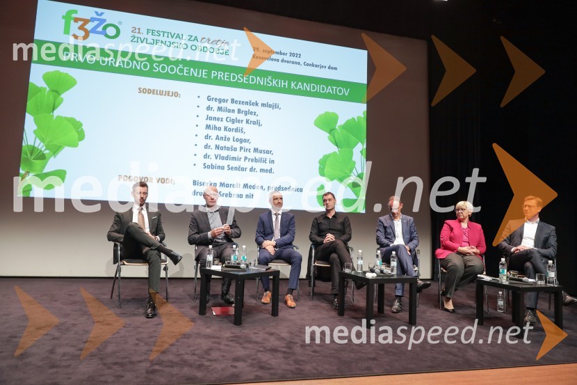  Gregor Bezenšek, glasbenik, Soulgreg artist, društvo Viljem Julijan, kandidat na predsedniških volitvah 2022; dr. Milan Brglez, nekdanji predsednik Državnega zbora Republike Slovenije, kandidat na predsedniških volitvah 2022;  Janez Cigler Kralj, nekdanji minister za delo, družino, socialne zadeve in enake možnosti, kandidat na predsedniških volitvah 2022;  Miha Kordiš, poslanec Združene levice,  kandidat na predsedniških volitvah 2022;  Anže Logar, poslanec SDS, predsednik Ljubljanskega odbora SDS, kandidat na predsedniških volitvah 2022;  Nataša Pirc Musar, partnerica, direktorica in odvetnica, Pirc Musar odvetniška družba, kandidatka na predsedniških volitvah 2022; dr. Vladimir Prebilič, poslanec SDS, kandidat na predsedniških volitvah 2022Soočenje predsedniških kandidatov v okviru Festivala za tretje življenjsko obdobje