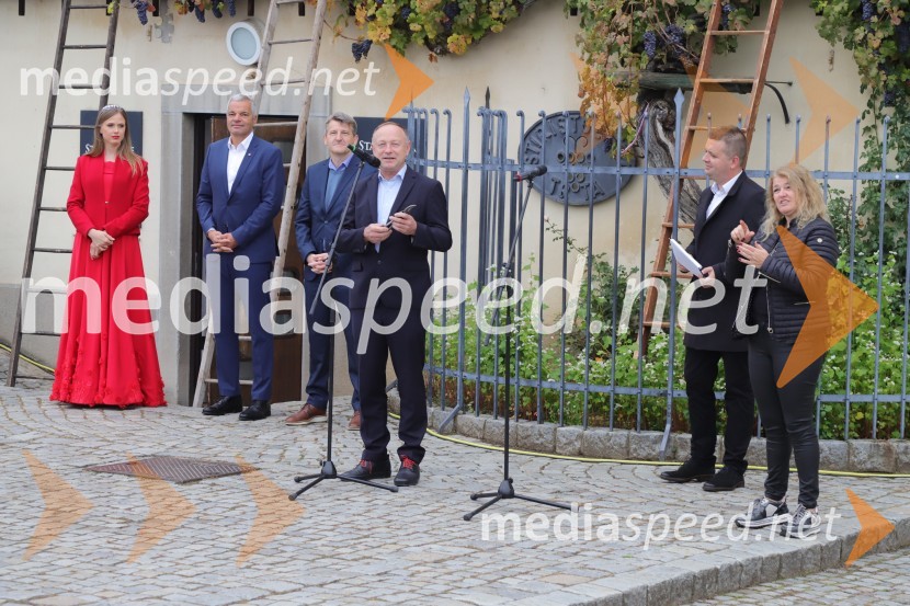  Neža Jarc, Mariborska vinska kraljica 2020;  Aleksander Saša Arsenovič, župan, Mestna občina Maribor;  Robert Gorjak, vinska šola Belvin;  Stane Kocutar, mestni viničar, skrbnik Stare trte, novinar Radia Maribor, zgodovinar;  Robert Levstek,  odgovorni urednik Radia Maribor, moderator prireditev;  ... 36. svečana trgatev Stare trte, najstarejše trte na svetu