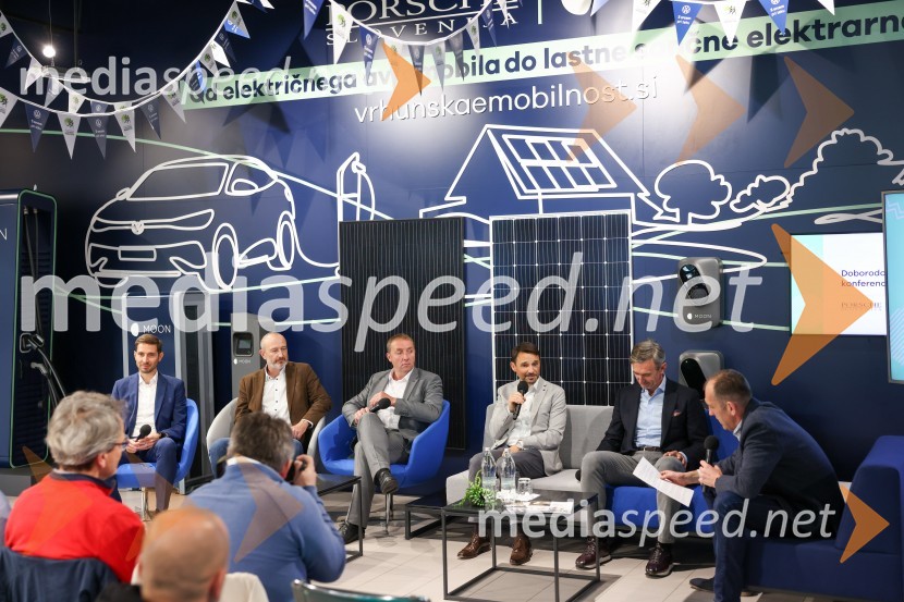  Aleš Nastran, direktor, Amibit;  Miha Levstek, direktor, Etrel;  Roman Burja, direktor, TAB Mežica;  Danilo Ferjančič, generalni direktor Porsche Slovenija d.o.o;  Marko Lukić, lastnik in direktor družbe Lumar IG;  Dušan Lukič, Porsche SlovenijaVrhunska e-mobilnost, konferenca