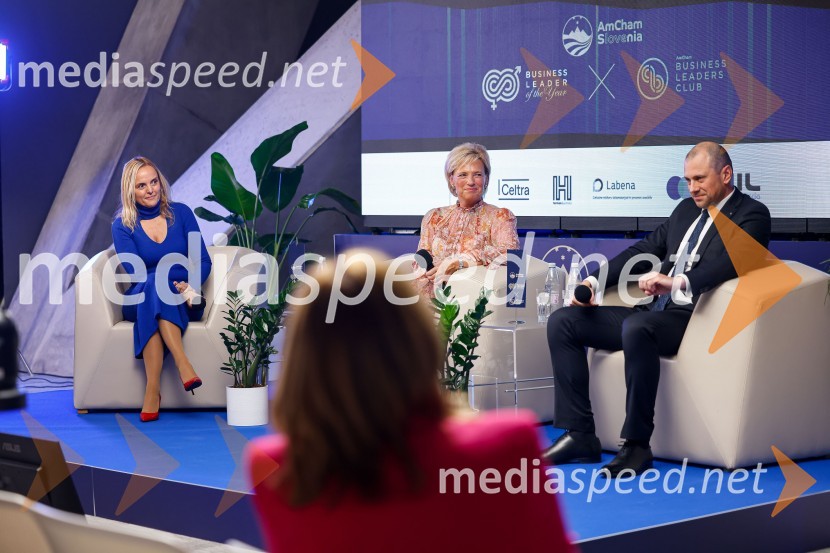  Ajša Vodnik, izvršna direktorica AmCham (Ameriška gospodarska zbornica);  Aleša Mižigoj, direktorica Medex, d. o. o.;  Blaž Brodnjak, predsednik AmCham Slovenija, predsednik uprave NLB, Manager leta 2022.Poslovna liderka in poslovni lider 2023