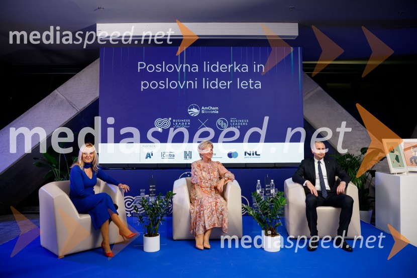  Ajša Vodnik, izvršna direktorica AmCham (Ameriška gospodarska zbornica);  Aleša Mižigoj, direktorica Medex, d. o. o.;  Blaž Brodnjak, predsednik AmCham Slovenija, predsednik uprave NLB, Manager leta 2022.Poslovna liderka in poslovni lider 2023