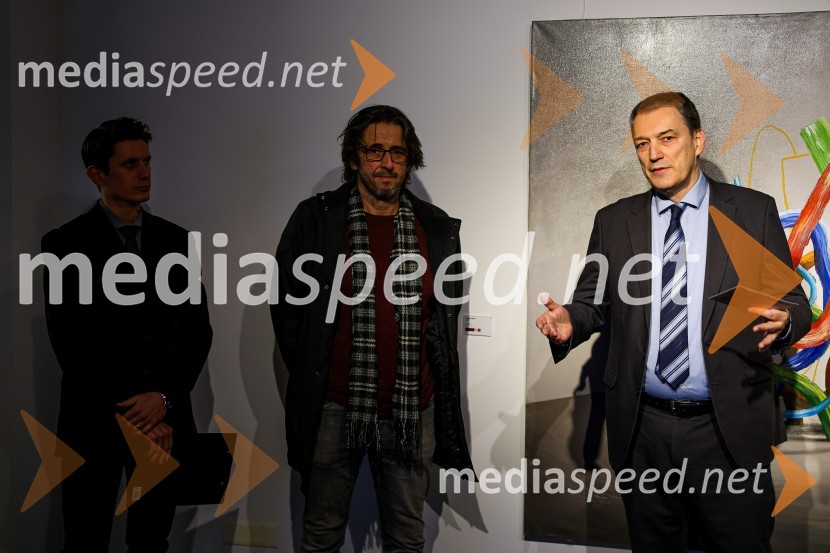 dr. Jure Vuga, umetnostni zgodovinar;  Robert Lozar, slikar;  Matija Šenk, član uprave, GeneraliOdprtje razstave Roberta Lozarja v Generali galeriji