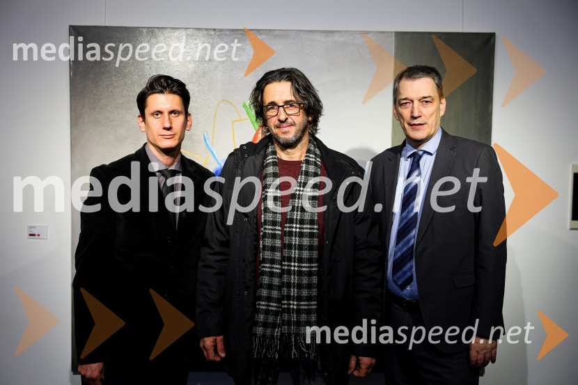 dr. Jure Vuga, umetnostni zgodovinar;  Robert Lozar, slikar;  Matija Šenk, član uprave, GeneraliOdprtje razstave Roberta Lozarja v Generali galeriji