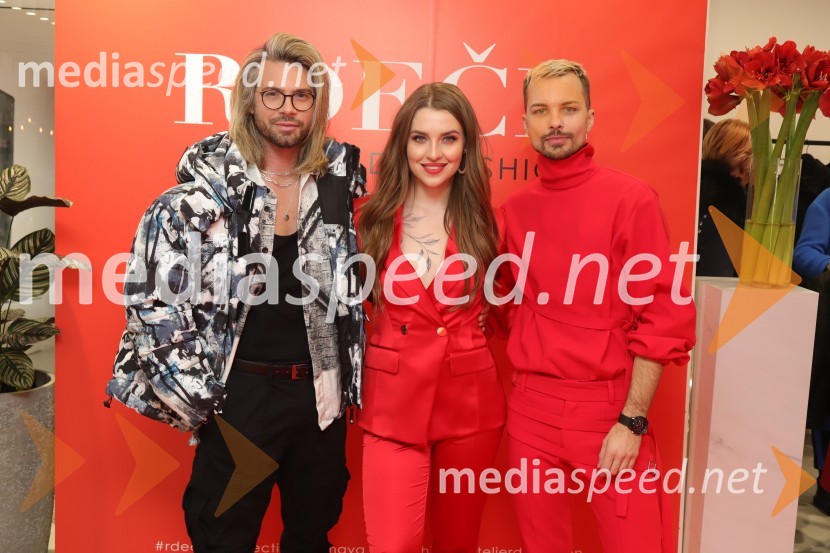  Tibor Golob, fotograf;  Maja Keuc, pevka, Amaya;  David Hojnik, modni oblikovalec DH fashionAmaya in DH fashion s predstavitvijo nove kolekcije Rdeče