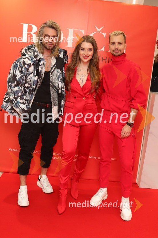  Tibor Golob, fotograf;  Maja Keuc, pevka, Amaya;  David Hojnik, modni oblikovalec DH fashionAmaya in DH fashion s predstavitvijo nove kolekcije Rdeče