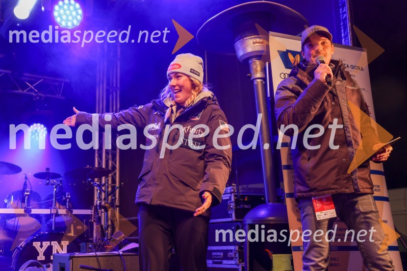  Mikaela Shiffrin, smučarka (ZDA);  Mitja Šeško, moderator prireditev Sobotna podelitev in žreb, 59. Zlata lisica
