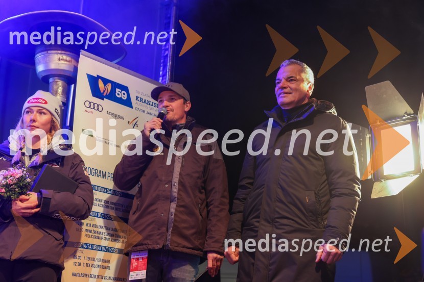  Mikaela Shiffrin, smučarka (ZDA);  Mitja Šeško, moderator prireditev ;  Aleksander Saša Arsenovič, župan, Mestna občina MariborSobotna podelitev in žreb, 59. Zlata lisica