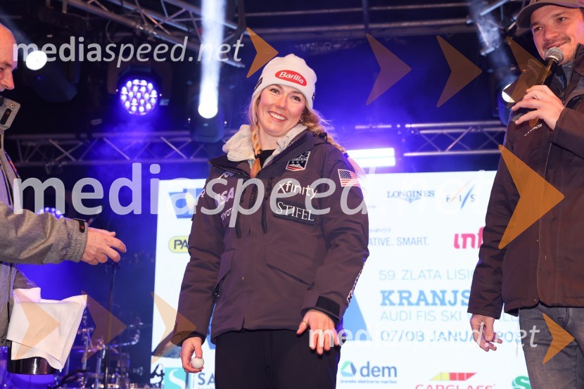  Mikaela Shiffrin, smučarka (ZDA);  Mitja Šeško, moderator prireditev Sobotna podelitev in žreb, 59. Zlata lisica