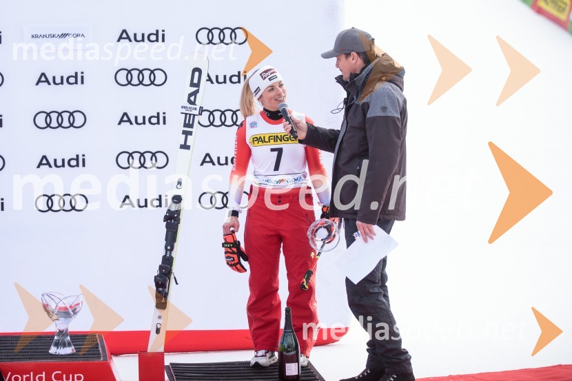  Lara Gut-Behrami, smučarka (Švica);  Mitja Šeško, moderator prireditev 59. Zlata lisica, nedelja