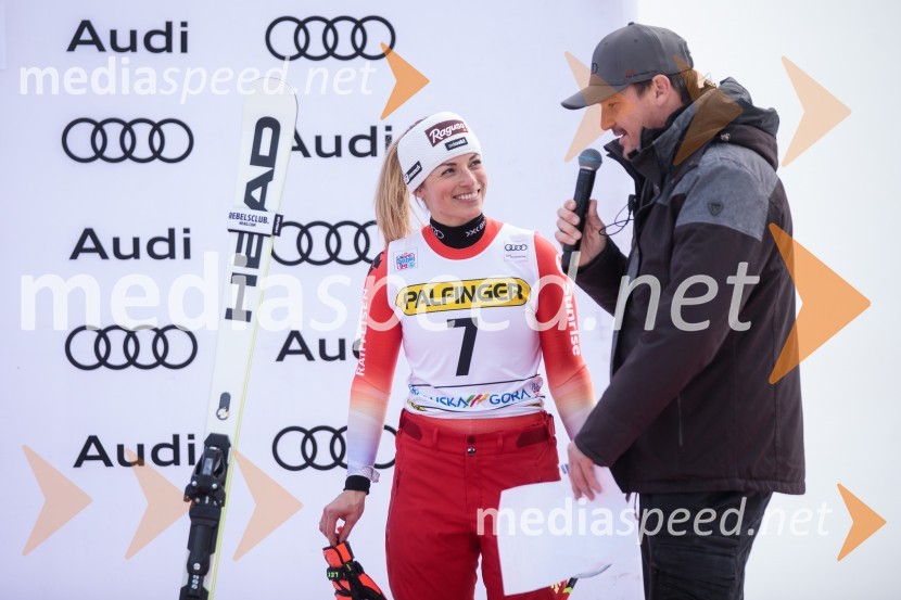  Lara Gut-Behrami, smučarka (Švica);  Mitja Šeško, moderator prireditev 59. Zlata lisica, nedelja